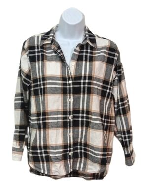 LOFT Plaid Button-Down Shirt in Black, Gray & Cream